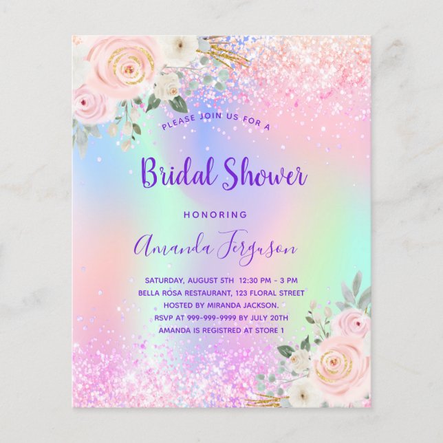 Lámina Bridal Shower invitación rosa morado floral presup (Anverso)