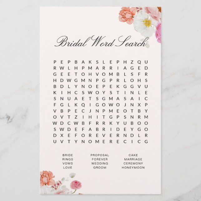 Lámina Bridal Shower Word Search Floral Game Card (Anverso)
