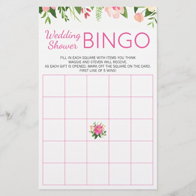 Lámina Bright Pink Floral Wedding Ducha Juego de Bingo (Anverso)