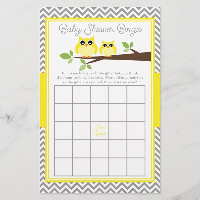 Lámina Bright Yellow Owl Gray Chevron Baby Shower Bingo (Anverso)