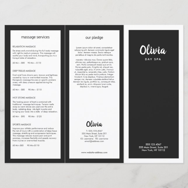 Lámina Brochure Tri-Fold de Salón del Pelo Blanco Negro (Anverso)