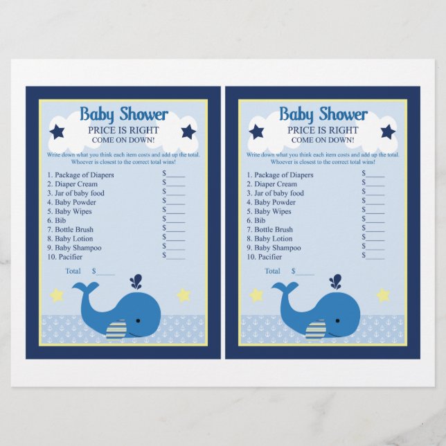 Lámina Brody Whale Nautical Price Game Baby Shower (Anverso)