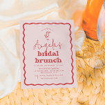 Lámina Brunch de novios rosado y groovy rojo retro con on<br><div class="desc">Una moderna invitación a bañarse en una ducha de matrimonio con presupuesto reducido, con un borde ondulado dibujado a mano en un color rojo brillante. El nombre de la novia está escrito con letra roja con "brunch de novia" en tipografía grosellada. Hay un pequeño ilustracion a mano de una copa...</div>