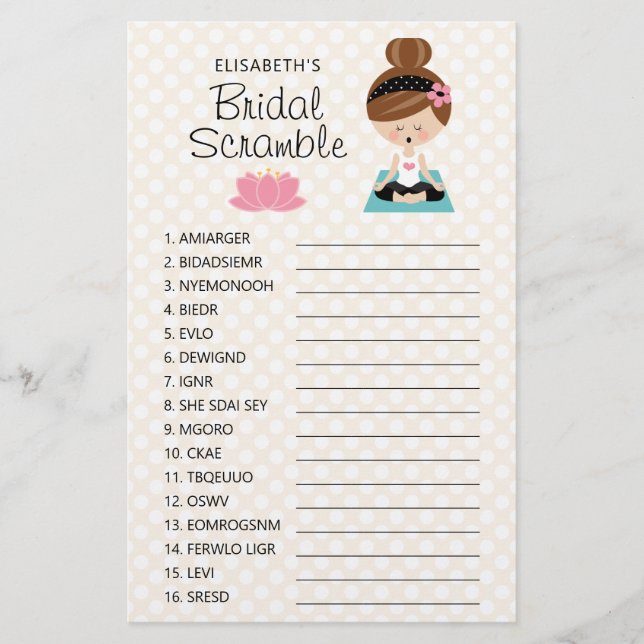 Lámina Brunette Yoga Bridal Shower Scramble Game (Anverso)