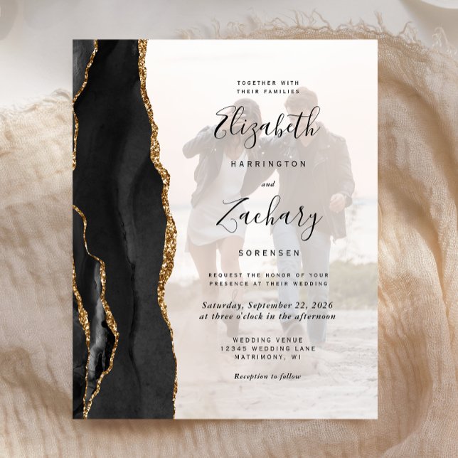 Lámina Budget 2-Photo Black Gold Agate Wedding Invitation (Subido por el creador)