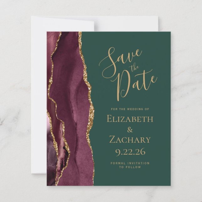 Lámina Budget Agate Burgundy Gold Green Save the Date (Anverso)