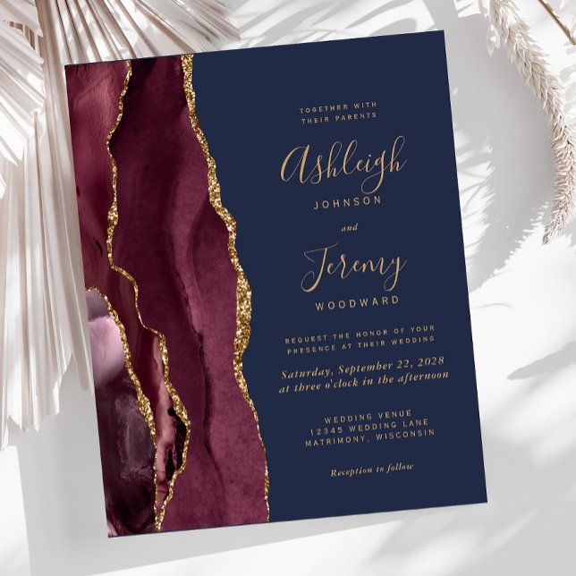 Lámina Budget Agate Burgundy Navy Blue Wedding Invitation (Subido por el creador)