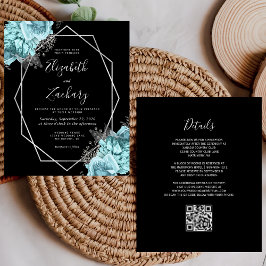 Lámina Budget Aqua Silver Floral Black QR Code Wedding