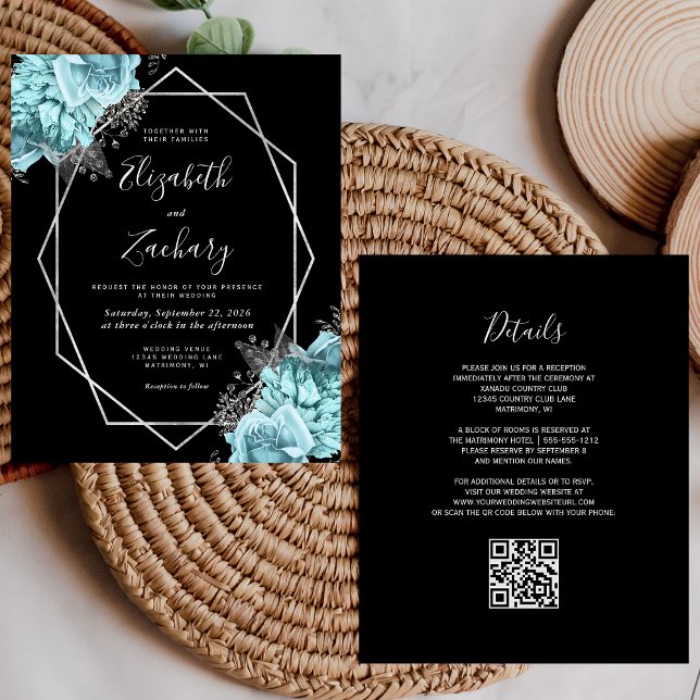 Lámina Budget Aqua Silver Floral Black QR Code Wedding (Subido por el creador)