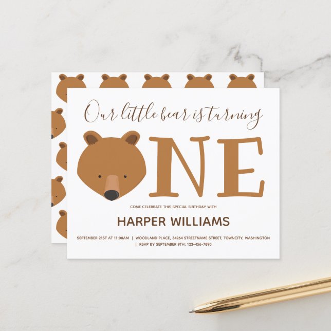 Lámina Budget Bear One Baby First Birthday Invitation (Anverso/Reverso In Situ)