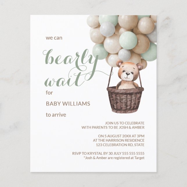 Lámina Budget Bearly Wait Teddy Balloon Green Baby Shower (Anverso)
