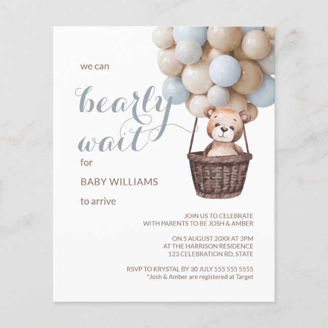 Lámina Budget Bearly Wait Teddy Balloons Boy Baby Shower (Anverso)