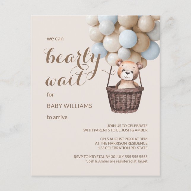 Lámina Budget Bearly Wait Teddy Balloons Boy Baby Shower (Anverso)