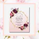 Lámina Budget Birthday florals rose gold invitation<br><div class="desc">On front: An invitation for a 50th (or any age) birthday party. An elegant and trendy rose gold, white gradient background with a faux gold geometric frame. Decorated with dark purple and burgundy flowers, roses and boho style feathers. Templates for a name and party details. The name is written with...</div>