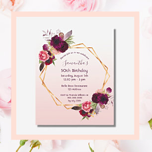 Lámina Budget Birthday florals rose gold invitation