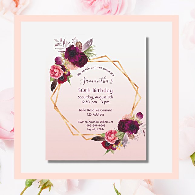 Lámina Budget Birthday florals rose gold invitation (Subido por el creador)