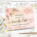 Lámina Budget birthday party pampas blush save the date<br><div class="desc">A girly and trendy Save the Date card for a 40th (or any age) birthday party. A blush pink, rose gold gradient background decorated with blush pink florals, pampas grass and butterflies. Personalize and add a date and name/age. The text: Save the Date is written with a large trendy hand...</div>
