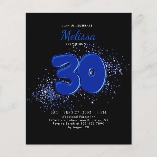 Lámina BUDGET Black Blue 30th Balloons Confetti Cumpleaño (Anverso)