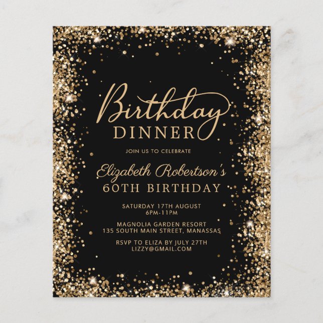Lámina Budget Black Gold 60th Birthday Dinner Invitation (Anverso)