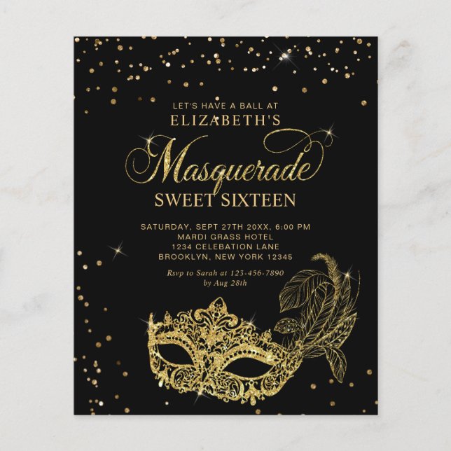 Lámina BUDGET Black Gold Photo Masquerade Sweet 16 (Anverso)