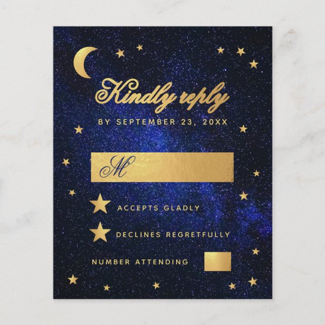 Lámina Budget Blue Faux Gold Stars Celestial Wedding RSVP (Anverso)