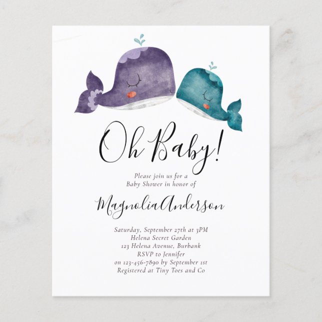 Lámina BUDGET Blue Whale Oh Invitación de Baby Shower (Anverso)