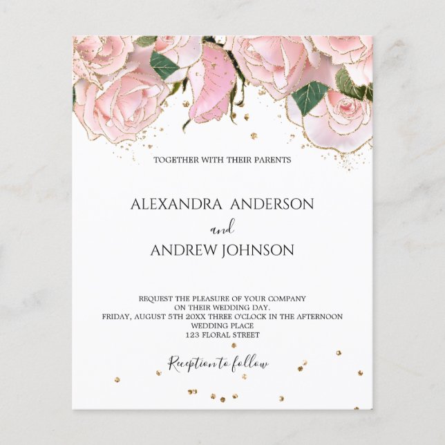 Lámina Budget Blush Pink Gold Floral Wedding Invitation (Anverso)