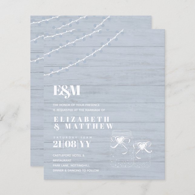 Lámina BUDGET BOHO Dusty Blue Driftwood MasonJars Boda (Anverso / Reverso)