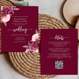 Lámina Budget Burgundy Blush Floral QR Code Wedding