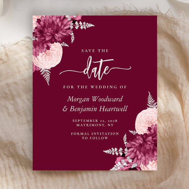 Lámina Budget Burgundy Blush Floral Wedding Save the Date (Subido por el creador)