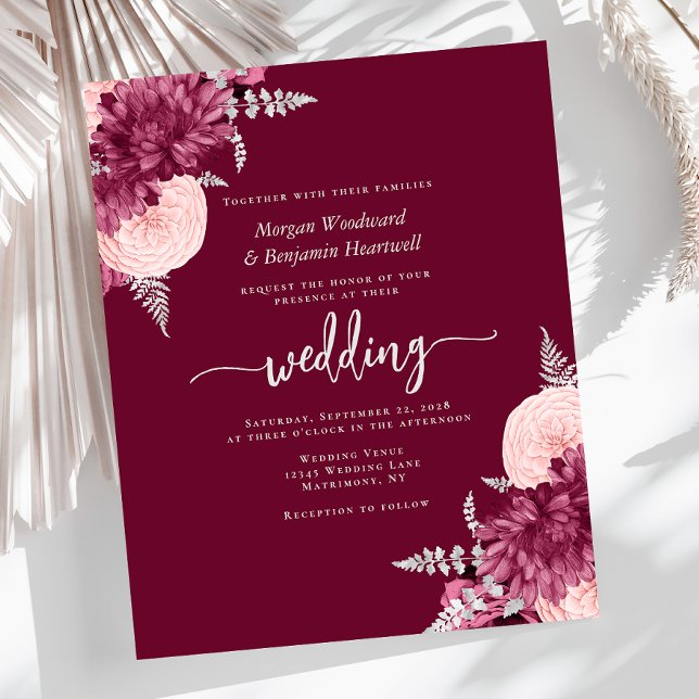 Lámina Budget Burgundy Blush Silver Floral Wedding Invite (Subido por el creador)