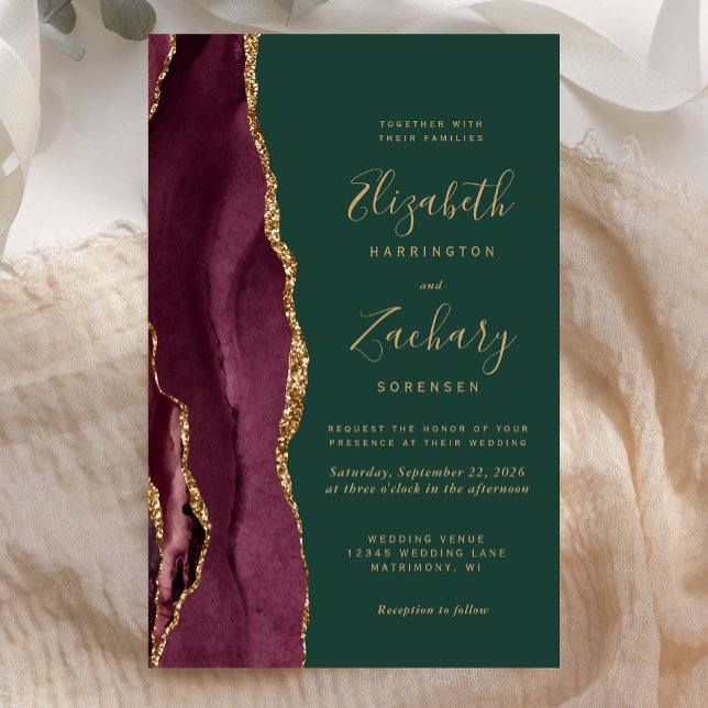 Lámina Budget Burgundy Gold Agate Green Wedding Invite (Subido por el creador)