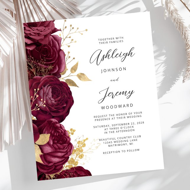 Lámina Budget Burgundy Gold Floral Script Wedding Invite (Subido por el creador)