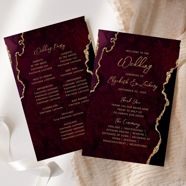 Lámina Budget Burgundy Red Gold Agate Wedding Program (Subido por el creador)