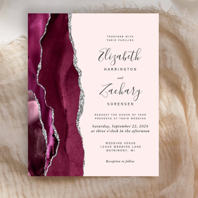 Lámina Budget Burgundy Silver Agate Blush Wedding Invite (Subido por el creador)