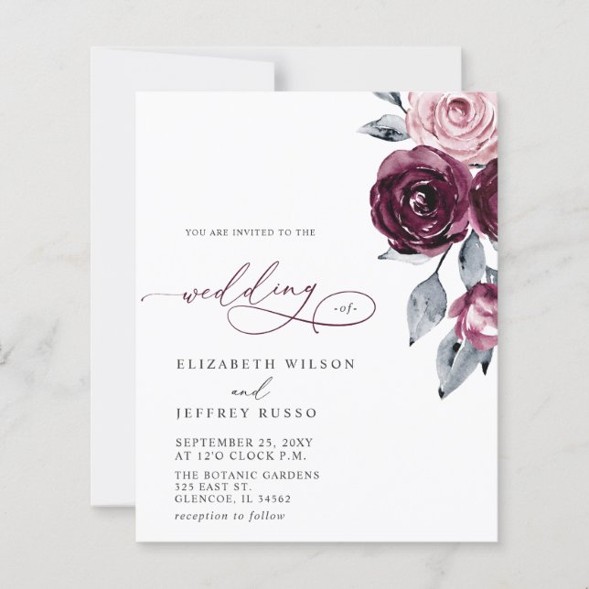 Lámina Budget Burgundy White Floral Wedding Invitations (Anverso)