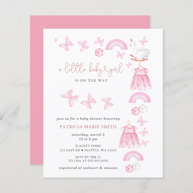 Lámina Budget Butterfly Pink Girl Baby Shower Invite (Anverso / Reverso)