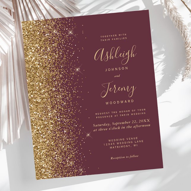 Lámina Budget Dark Burgundy Gold Glitter Wedding Invite (Subido por el creador)