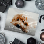 Lámina Budget Define Naughty Funny Mascotas Navidades Car<br><div class="desc">Una graciosa tarjeta de 3 Navidades mascotas con tipografía simple define un saludo travieso en el frente. La parte de atrás tiene un feliz saludo de año nuevo y 2 fotos con mensajes y nombres personales. Haga clic en el botón de edición para personalizar de este diseño.</div>