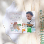 Lámina Budget Dinosaur & Volcano Boy Photo Birthday Party<br><div class="desc">Dinosaur and volcano-themed party invitations for kids' birthdays. The left-hand side of this budget card features five cute dinosaurs, a tree, some jungle greenery, and a smoking volcano. Your event details appear at the top with "It's going to be a blast!" in fun, curved text. To the right, there is...</div>