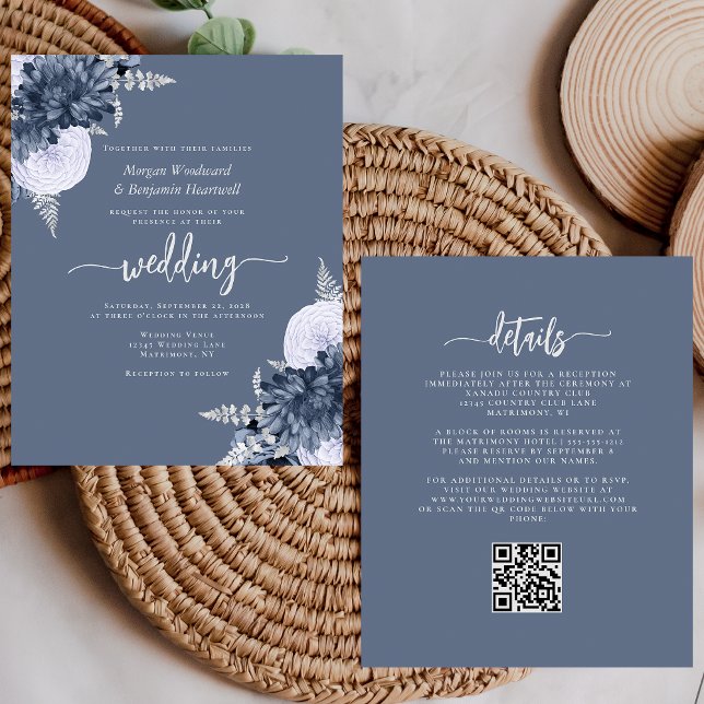 Lámina Budget Dusty Blue Silver Floral QR Code Wedding (Subido por el creador)