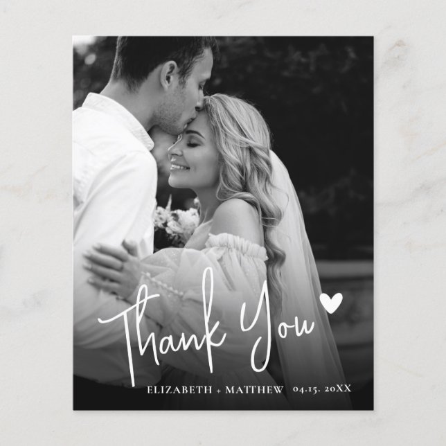 Lámina Budget Elegant Black White Photo Wedding Thank You (Anverso)