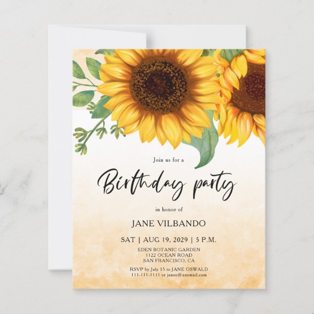 Lámina Budget Elegant Sunflower Birthday Party Invitation (Anverso)