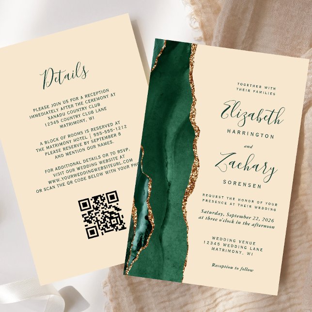 Lámina Budget Emerald Agate Champagne QR Code Wedding (Subido por el creador)