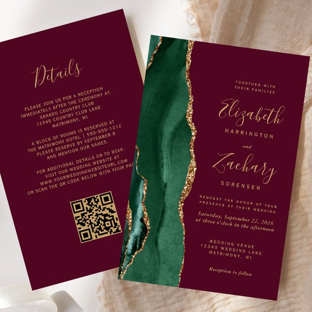 Lámina Budget Emerald Green Burgundy QR Code Wedding (Subido por el creador)