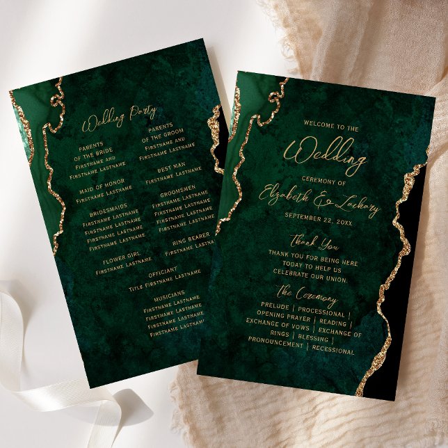 Lámina Budget Emerald Green Gold Agate Wedding Program (Subido por el creador)