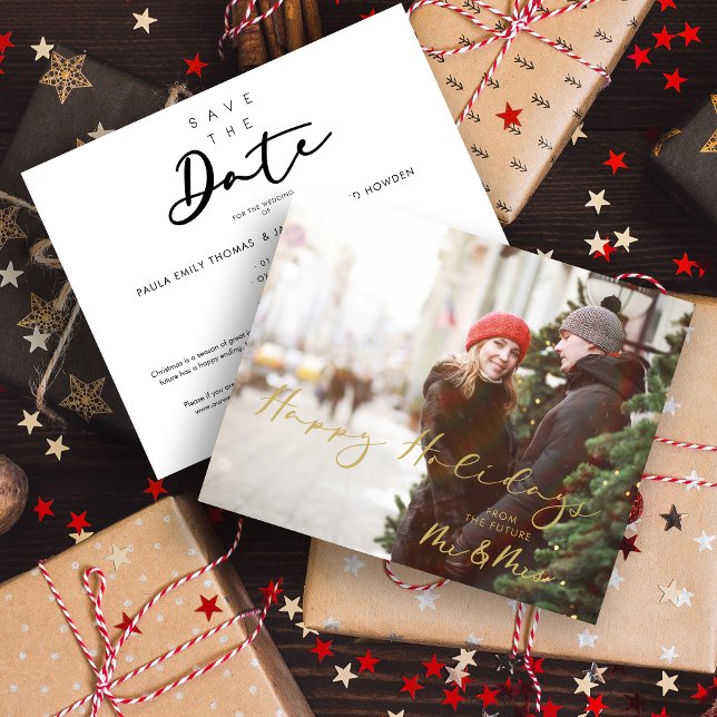 Lámina Budget Fake Golden Future Mr & Mrs Christmas (Inexpensive Cheap Modern Elegant Mr & Mrs Christmas Couple Wedding Save the Date Card with Envelope.)