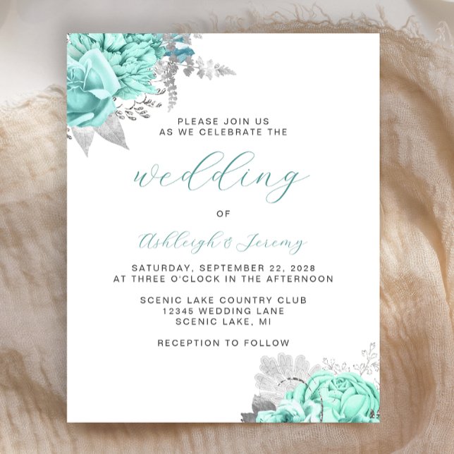 Lámina Budget Floral Aqua Silver Script Wedding Invite (Subido por el creador)