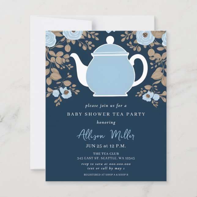 Lámina Budget Floral Blue Tea Party Boy Baby Shower Invit (Anverso)