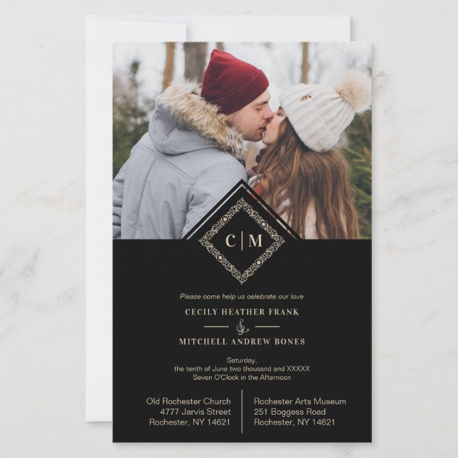 Lámina Budget Flourish Black Luxury Wedding Initials (Anverso)